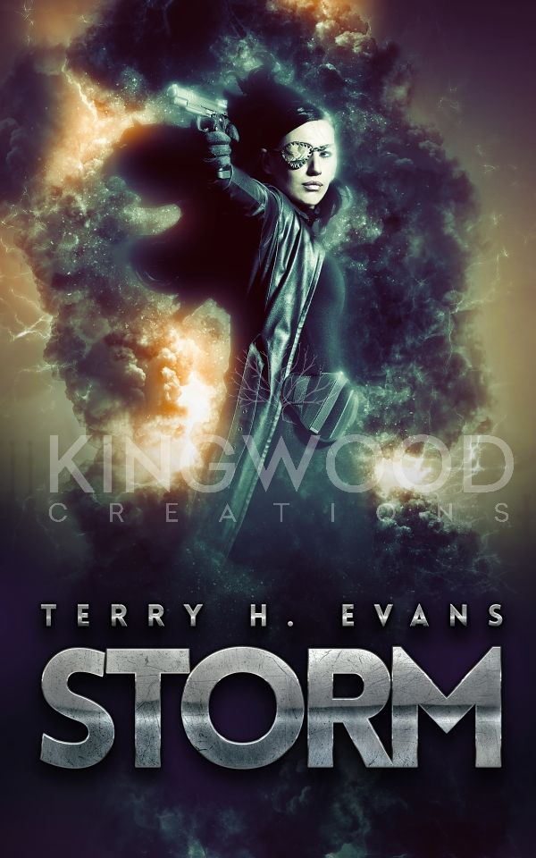 warrior woman in an action scene with dark clouds in the background - premade cover for sale