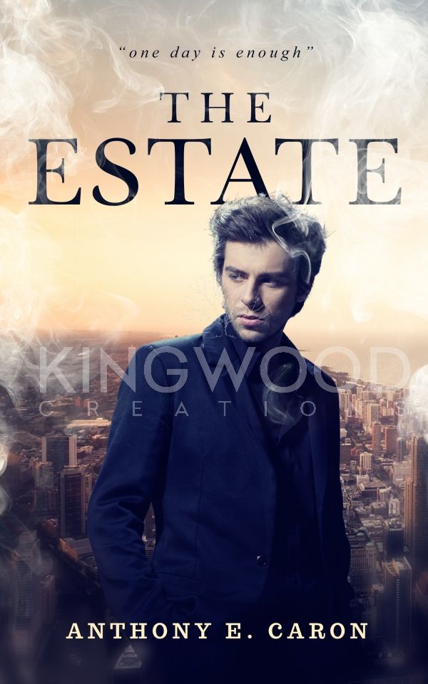 mystery man on a cityscape background - premade book cover design