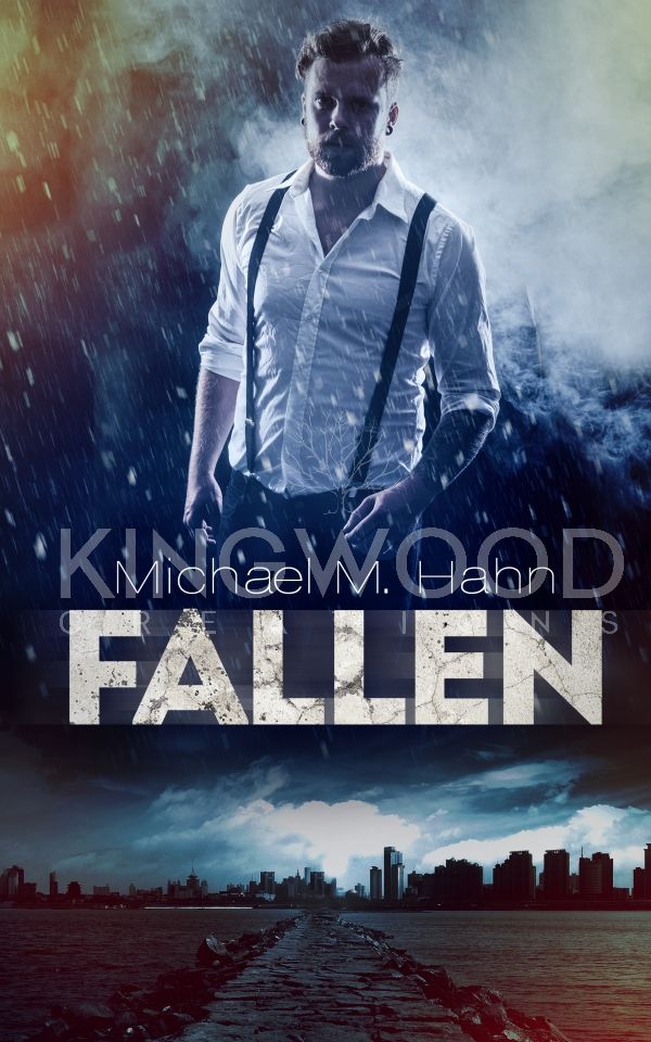 bearded man on a rainy background over a cityscape at night - cover art