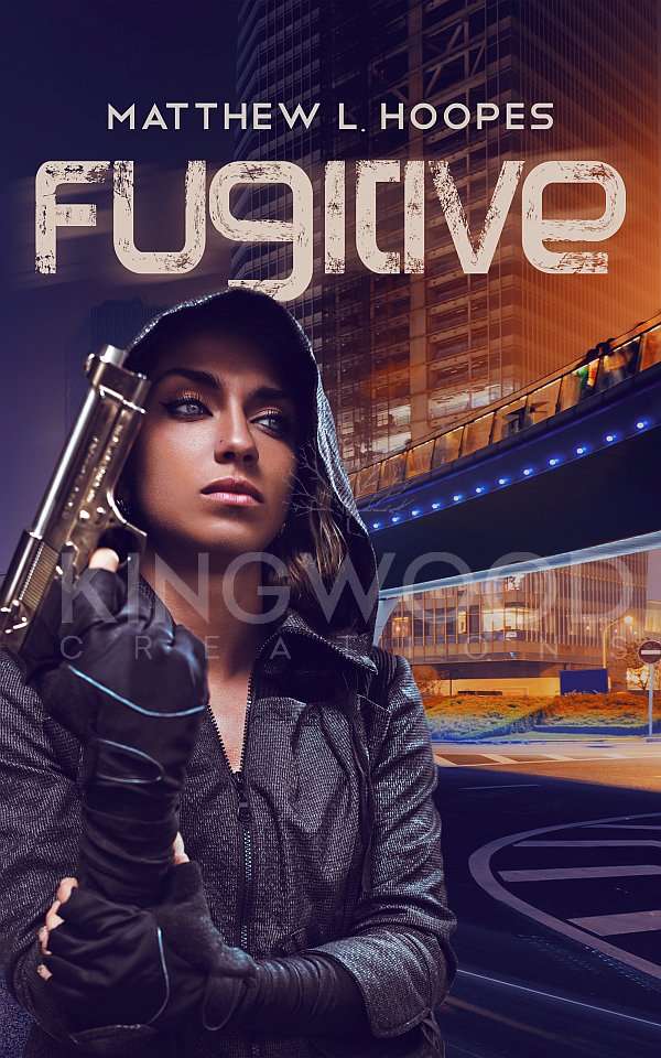 dynamic scene with a woman dressed in a hoodie holding a gun of a night cityscape background - premade book cover design