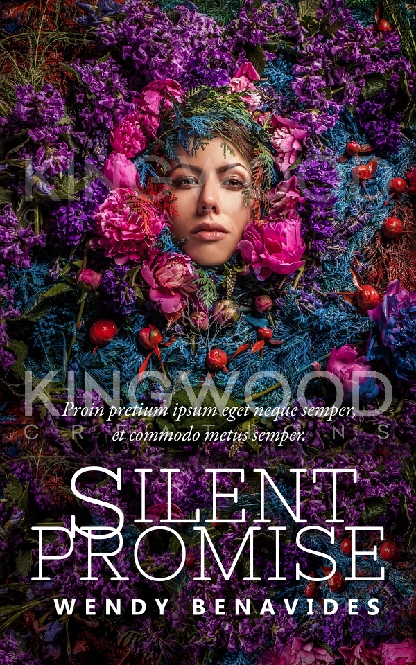 portrait of a woman surrounded by a wall of flowers - premade book cover design