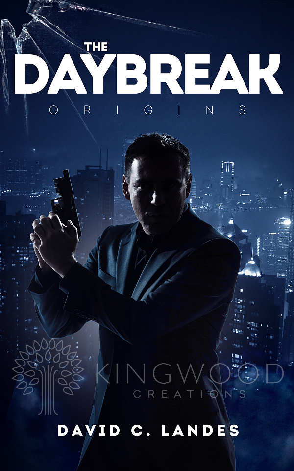 silhouette of an action man holding a gun on a night cityscape background - premade book cover design