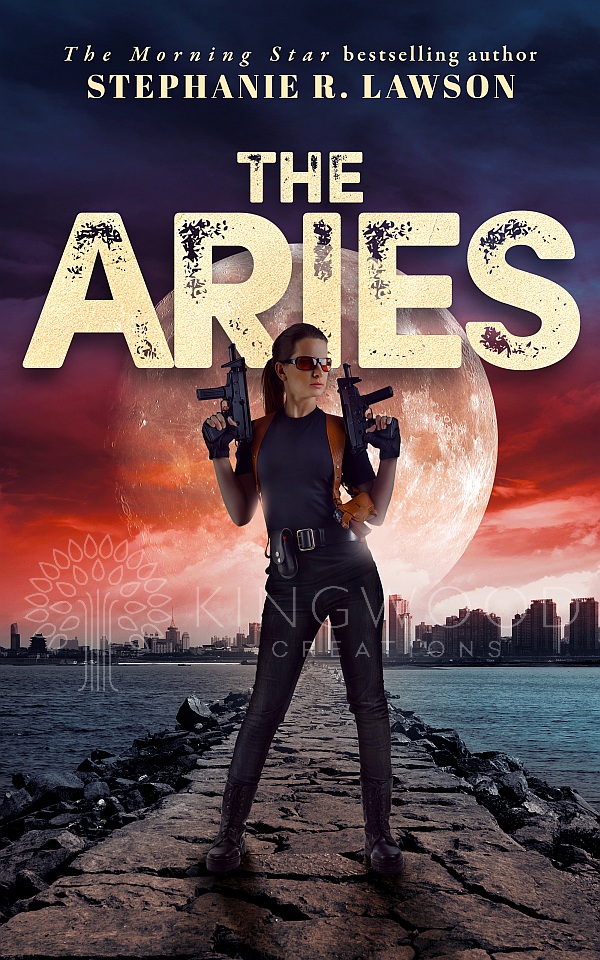 woman soldier with weapons drawn on a red night cityscape - premade book cover design