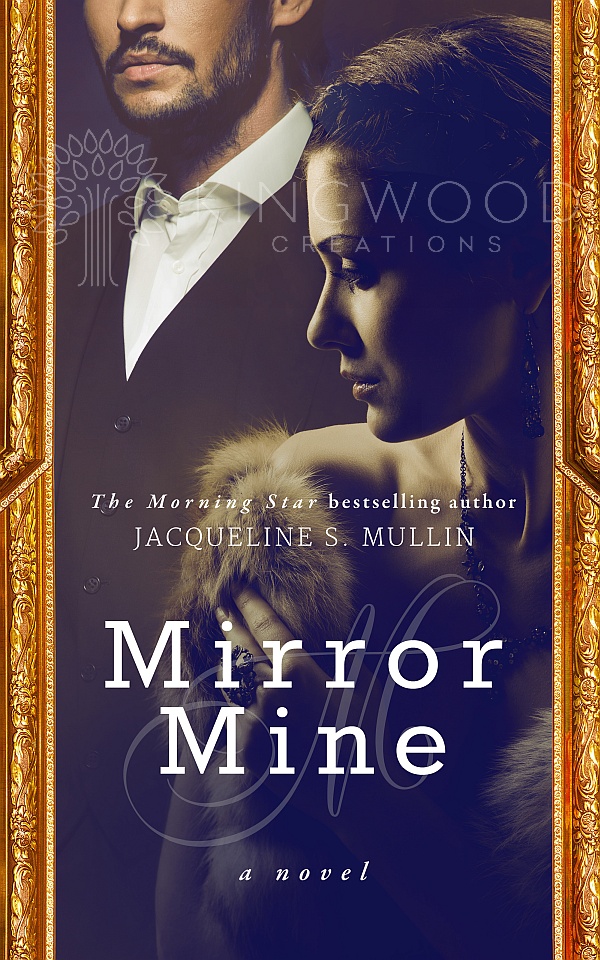 side portrait of a woman dressed in 1920s attire with the partial portrait of a man in the background - premade book cover design