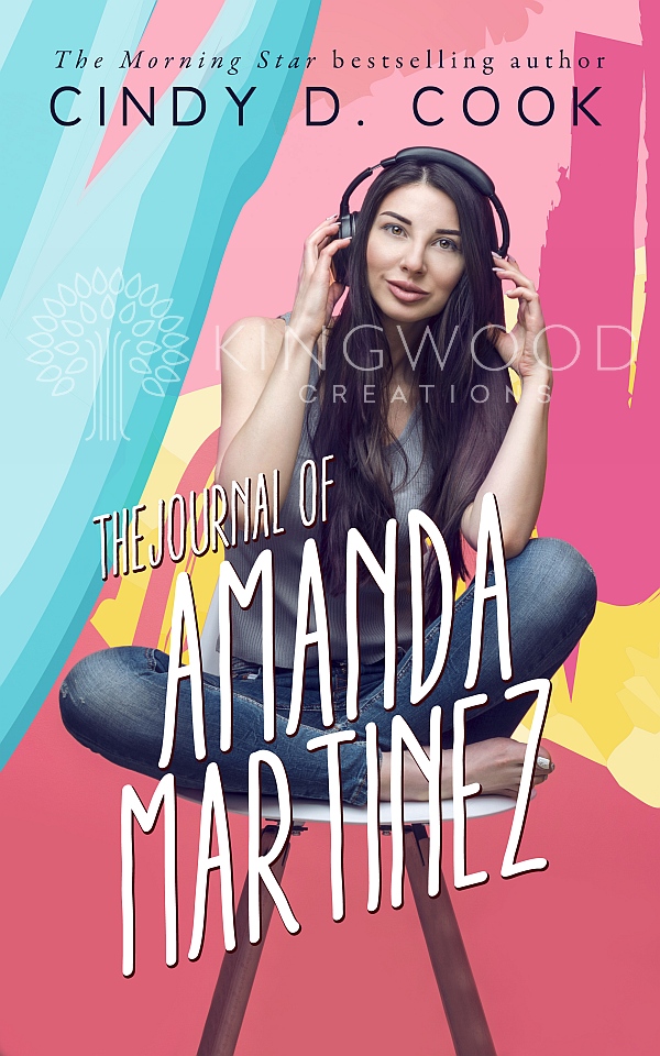 woman listening to music on headphones sitting on a chair on a colorful background - premade book cover design