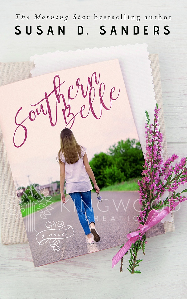 composition of a picture of a woman walking away from the camera, laid on a table with flowers - premade book cover design
