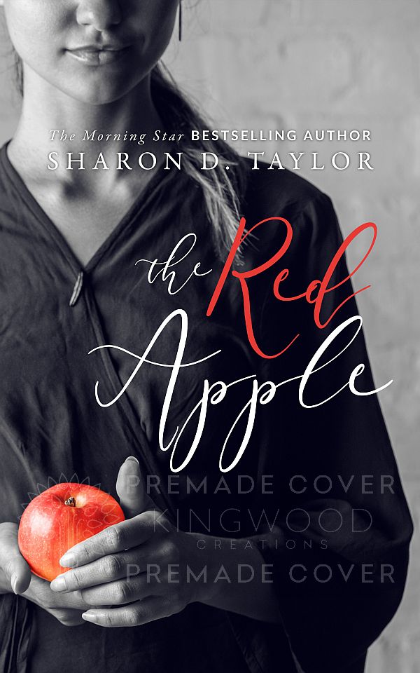 black and white image of a woman holding an apple - woman holding a bag of apples - premade book cover design