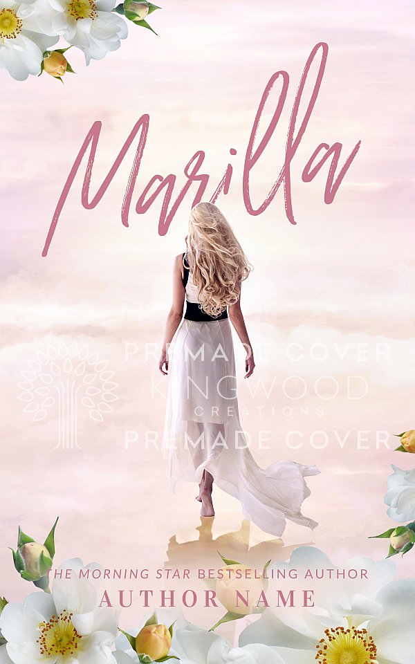 woman walking on clouds with flowers