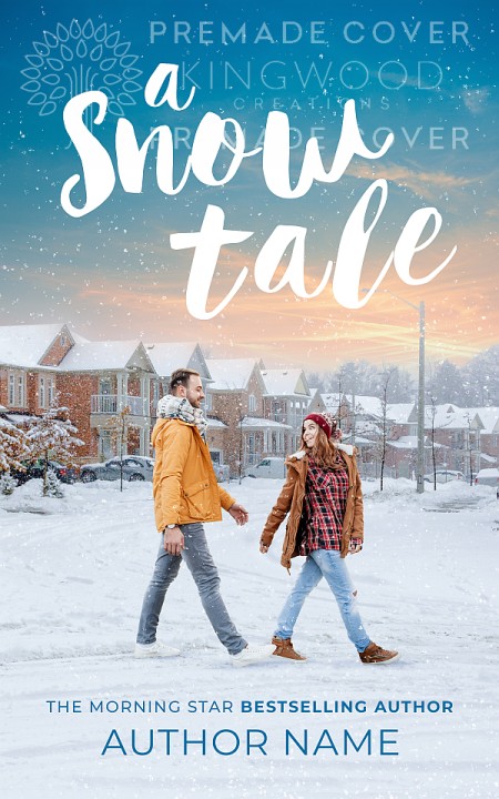 A snow tale - a small town winter romance premade cover featuring a couple walking in the snow on the backdrop of a snowed in town