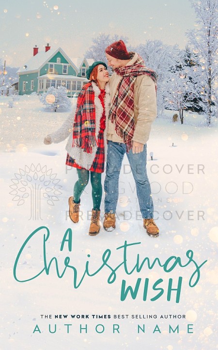 a christmas wish - romance premade book cover featuring a smiling couple in front of a teal house in the middle of winter