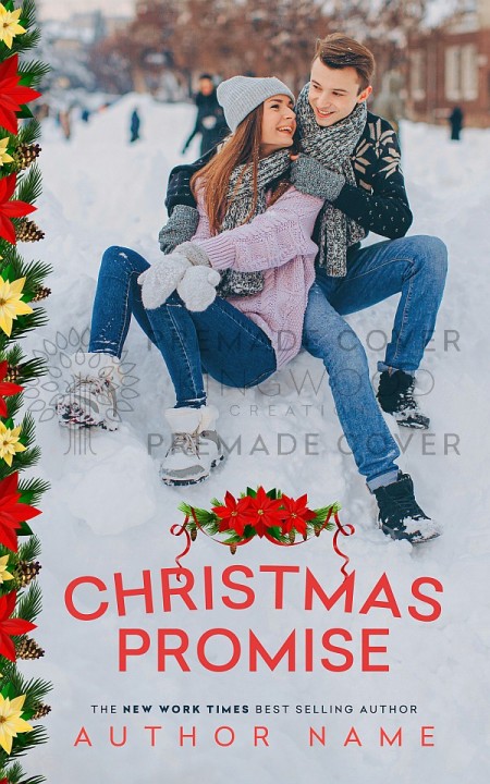 christmas promise - a romance premade book cover design featuring a couple hugging while sitting in the snow