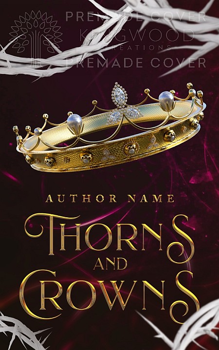 premade cover design featuring a golden crown surrownded by white throns on a dark background