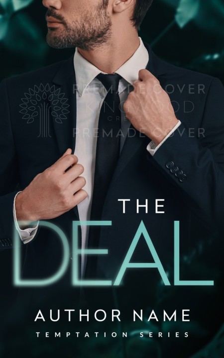 portrait of a business man in a dark suit on a dark green background with white and teal title