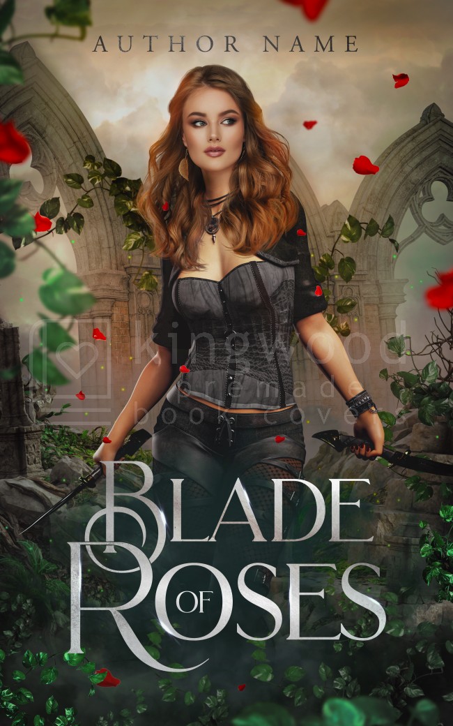 fantasy scene with a woman warrior holding two weapons on a background of castle ruins