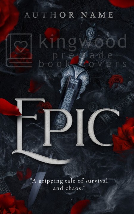 Premade book cover showing a silver dagger surrounded by dark smoke and red rose petals